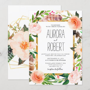 Burgundy Rosa Peach Guld Blommigt Boho Bröllop Inbjudningar