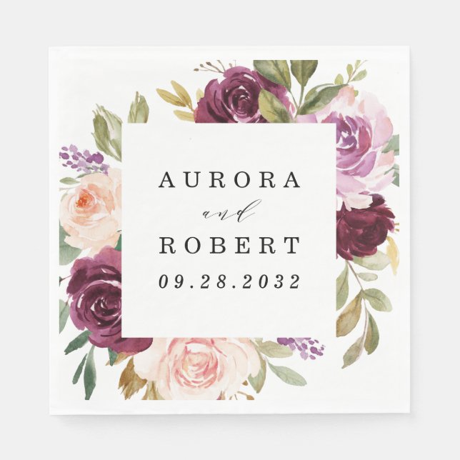 Burgundy  Rosa Peach Guld Blommigt Boho Bröllop Pappersservett (Framsidan)