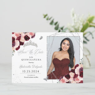 Burgundy Rosa Photo Card Quinceañera Spara datum Inbjudningar