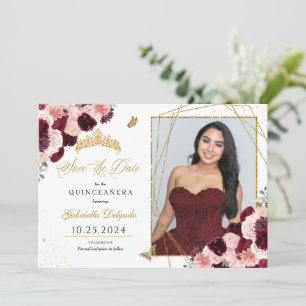 Burgundy Rosa Photo Card Quinceañera Spara datum Inbjudningar