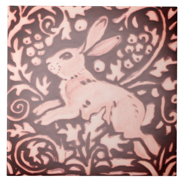 Burgundy Rosa Rabbit Blommigt Foliage Woodland Dec Kakelplatta (Framsidan)