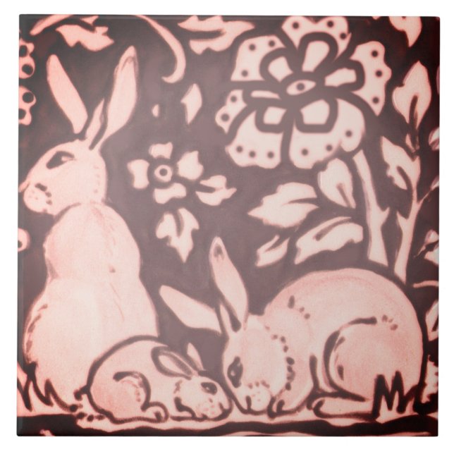 Burgundy Rosa Rabbit Blommigt Foliage Woodland Dec Kakelplatta (Framsidan)