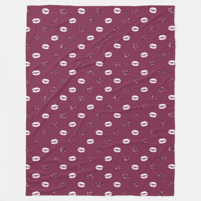 Burgundy Rosa Red Glitter White Kisses Läppar Fleecefilt (Framsidan)