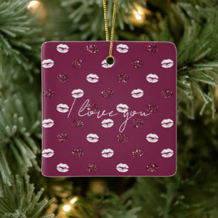 Burgundy Rosa Red Glitter White Kisses Läppar Julgransprydnad Keramik