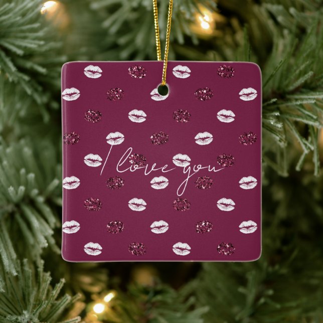 Burgundy Rosa Red Glitter White Kisses Läppar Julgransprydnad Keramik (Träd)