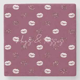 Burgundy Rosa Red Glitter White Kisses Läppar Stenunderlägg