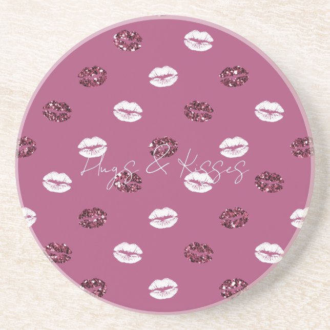 Burgundy Rosa Red Glitter White Kisses Läppar Underlägg (Framsidan)