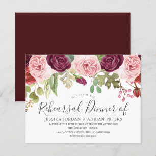 Burgundy Rosa Ro Modern Rehearsal Dinner Inbjudningar