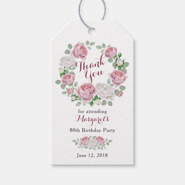 Burgundy Rosa ros Blommigt 80:e födelsedag Tack Presentetikett (Framsidan)