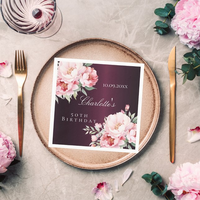 Burgundy rosa ros blommigt elegant födelsedag pappersservett (Skapare uppladdad)