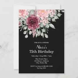 Burgundy Rosa ros Elegant Flora 75:e födelsedag Inbjudningar