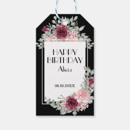 Burgundy Rosa ros Flora Black Grattis på födelseda Presentetikett