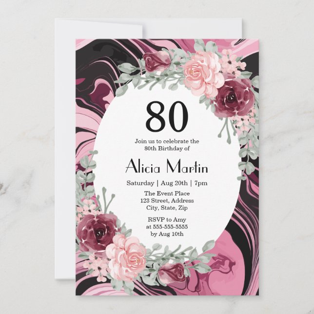 Burgundy Rosa ros Flora Marble Fluid Birthday Inbjudningar (Framsida)