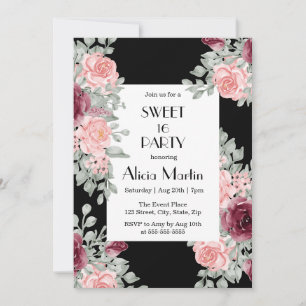 Burgundy Rosa ros Flora Sweet 16 Black Birthday Inbjudningar