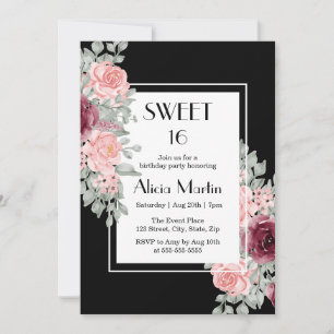 Burgundy Rosa ros Flower Sweet 16 Black Birthday Inbjudningar