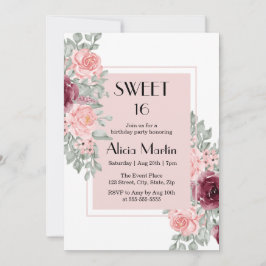 Burgundy Rosa ros Flower Sweet 16 White Birthday Inbjudningar