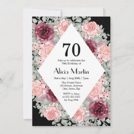 Burgundy Rosa ros Greenery 70:e födelsedagen Inbjudningar