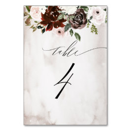 Burgundy Rosa ros Watercolor Blommigt nr 4 Bröllop Bordsnummer