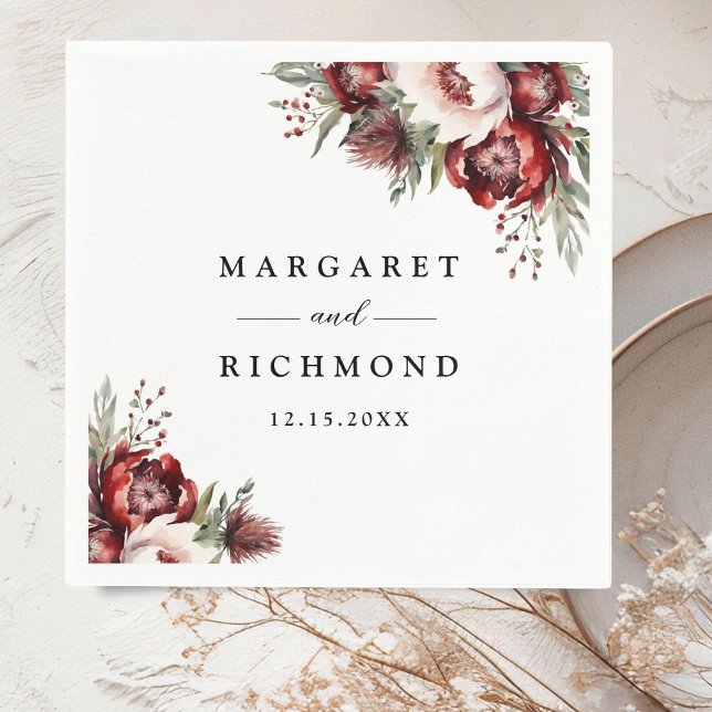 Burgundy  Rosa Rustic Blommigt Bröllop Papper Pappersservett (Skapare uppladdad)