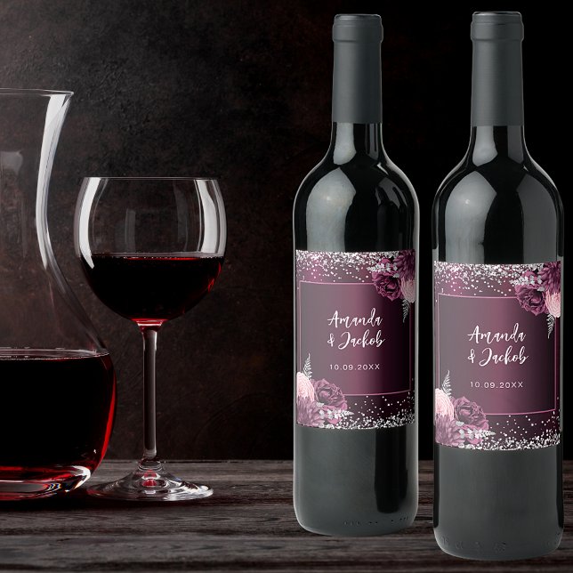 Burgundy rosa silver blommigt bröllop vinflaska etikett (Skapare uppladdad)