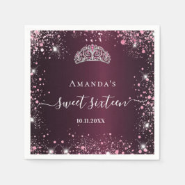Burgundy rosa tiara namn-skript Sweet 16 Pappersservett