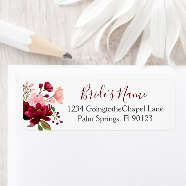 Burgundy Rosa Vattenfärg Blommig Bröllopsfest Returadress Etikett (Insitu)