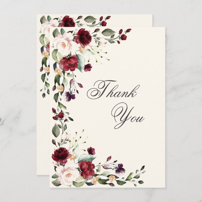 Burgundy Rosa Vattenfärg Blommig  Tack Kort (Fram/baksida)
