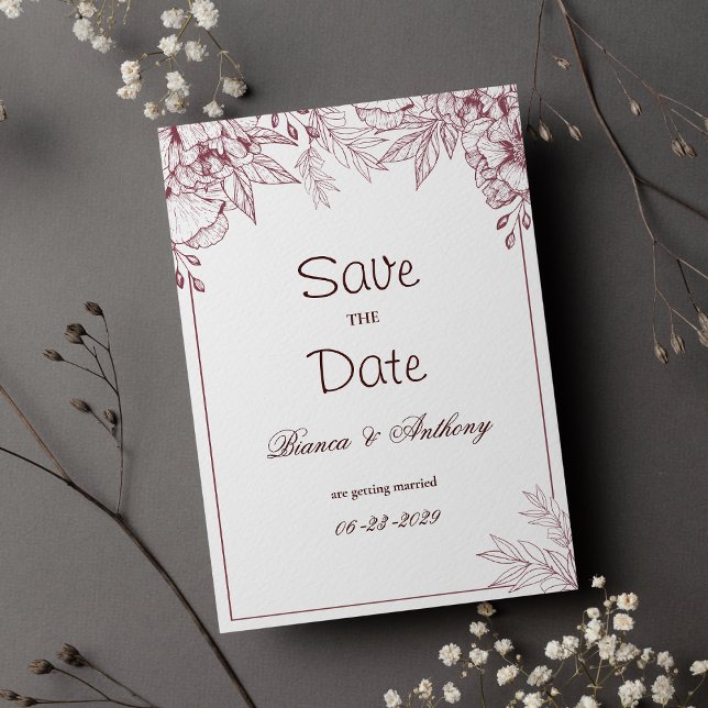 Burgundy rosa vit enkel blommigt Spara datum Inbjudningar (Burgundy pink white simple floral Save the Date )