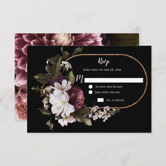 Burgundy Rosa Vita Blommig Guld Ram RSVP | OSA Kort (Fram/baksida)