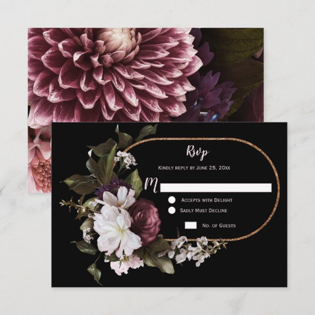 Burgundy Rosa Vitt Blommig Guld Ram RSVP | OSA Kort (Fram/baksida)