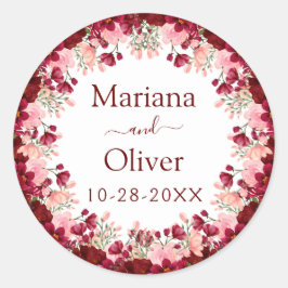 Burgundy Rosa Watercolor Blommigt Bröllop Runt Klistermärke