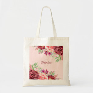 Burgundy  Rosa Watercolor Blommigt Monogram Tygkasse