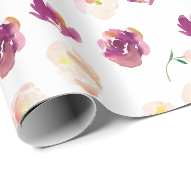 Burgundy Rosa Watercolor Blommigt Presentpapper (Rullad Hörn)