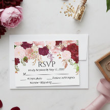 Burgundy rosablommande RSVP bröllop akvarell
