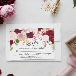 Burgundy rosablommande RSVP bröllop akvarell OSA Kort
