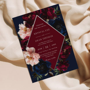Burgundy Rosafärgad Mörk Navy Blommig Silver Bröll Inbjudningar