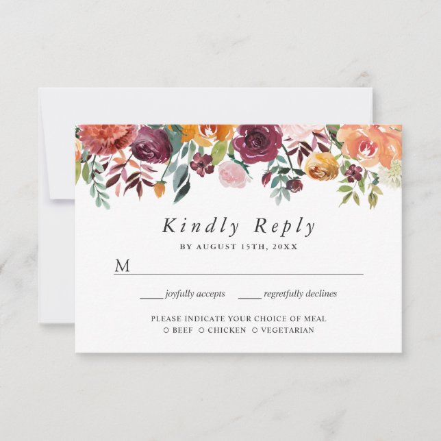 Burgundy Rosafärgad Orange Blommig Bröllops RSVP-k OSA Kort (Framsida)