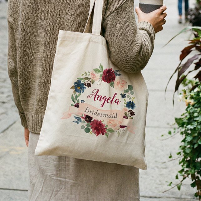 Burgundy Rosaton Blå Blommig Krans Brudtärna Tygkasse (Skapare uppladdad)
