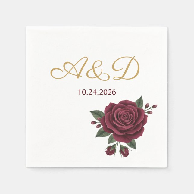 Burgundy Rose and Gold Foil Wedding Monogram Napki Pappersservett (Framsidan)