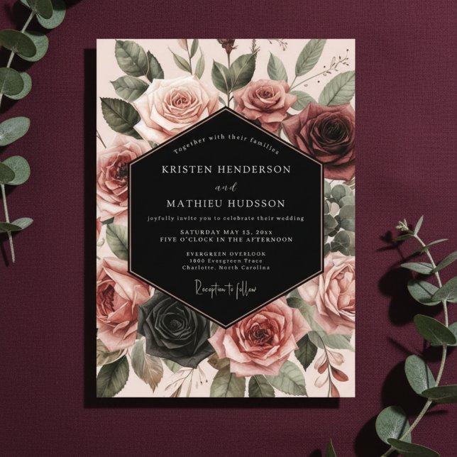 Burgundy Rose Bloom Wedding Inbjudningar (Skapare uppladdad)
