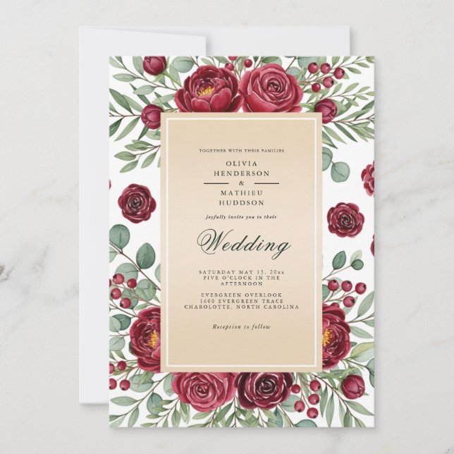 Burgundy Rose Botanical Wedding Inbjudningar (Framsida)