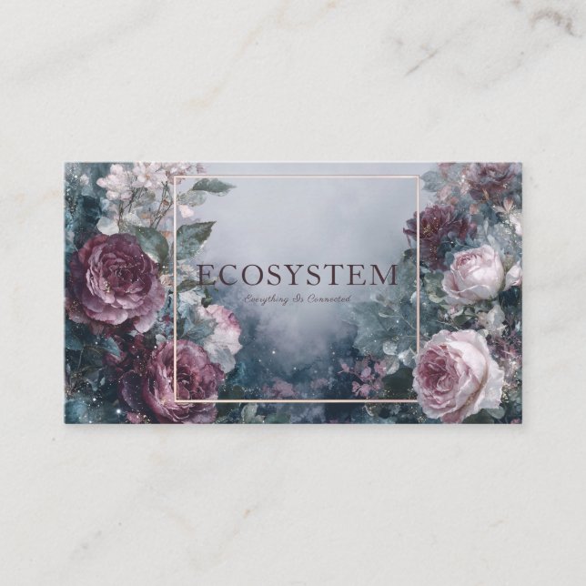 Burgundy Rose Floral and Ethereal Mist Gold Frame Visitkort (Framsida)