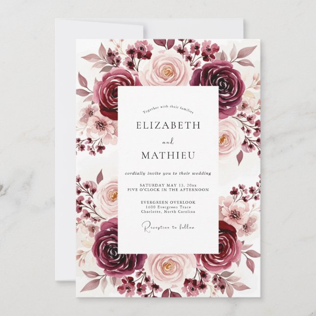 Burgundy Rose Floral Romance Wedding Inbjudningar (Framsida)