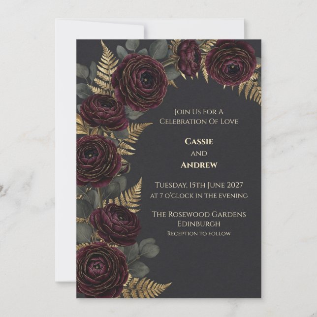 Burgundy Rose Gold Fern Bröllopsinbjudan Inbjudningar (Framsida)