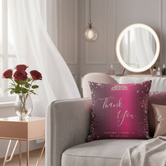 Burgundy Rose Gold Floral Sweet 16 Thank You Kudde