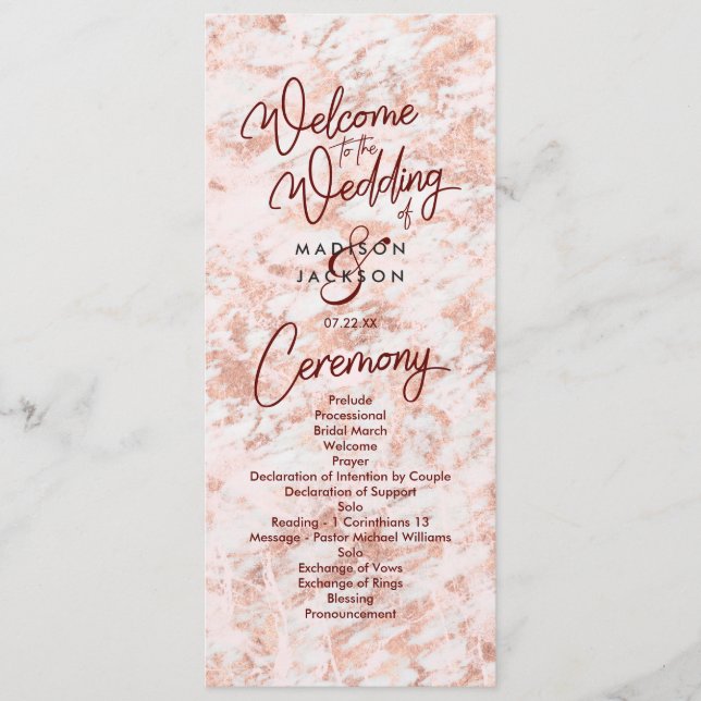 Burgundy & Rose Gold Marmorad Bröllopsprogram Program (Framsida)
