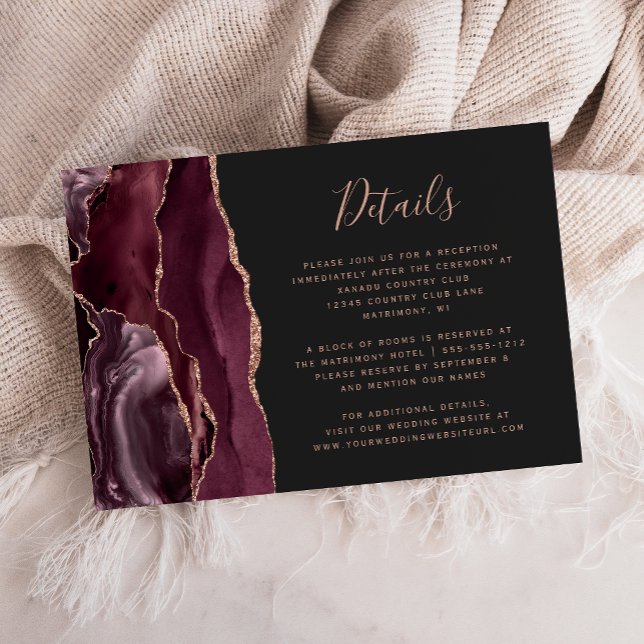 Burgundy Rose Guld Agat Mörka Bröllopsdetaljer Tilläggskort (Skapare uppladdad)
