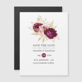 Burgundy Rosé & Guld Blommig Bröllop Spara Datum Magnetisk Inbjudningskort