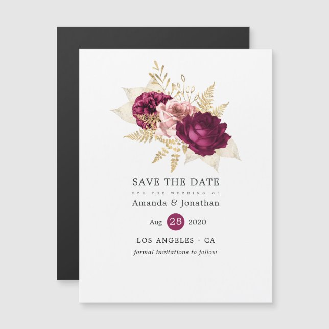 Burgundy Rosé & Guld Blommig Bröllop Spara Datum Magnetisk Inbjudningskort (Fram/baksida)