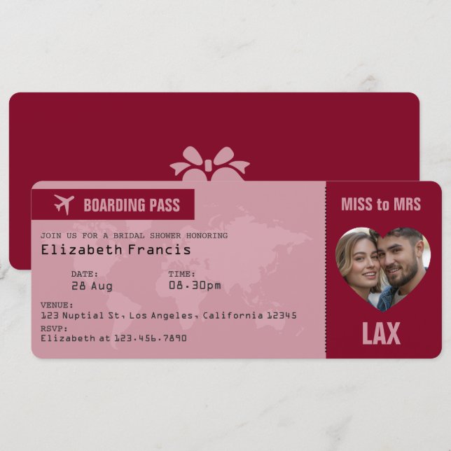 Burgundy & Rose Guld Ombordstigningskort Bröllopsf Inbjudningar (Fram/baksida)
